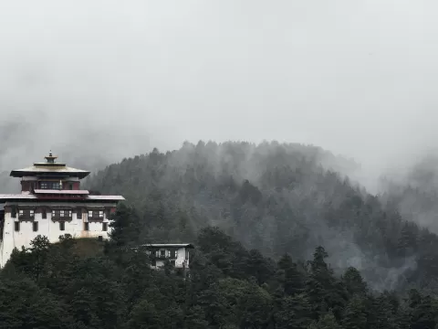 Jakar Dzong on its ridge in Bumthang, with cloud drifting through the forest