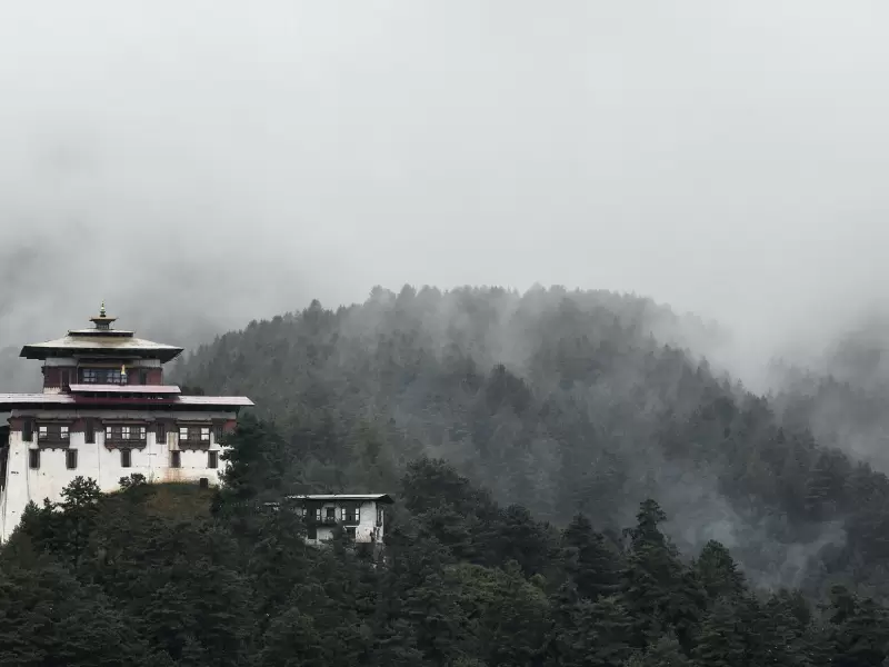Jakar Dzong on its ridge in Bumthang, with cloud drifting through the forest