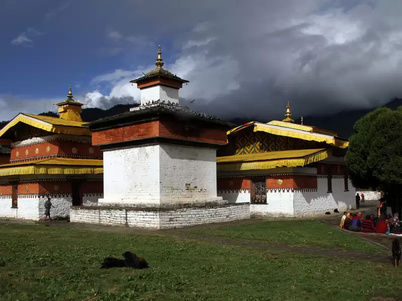 Jambay Lhakhang in Bumthang, the temple where the Drup is held, under dark cloud