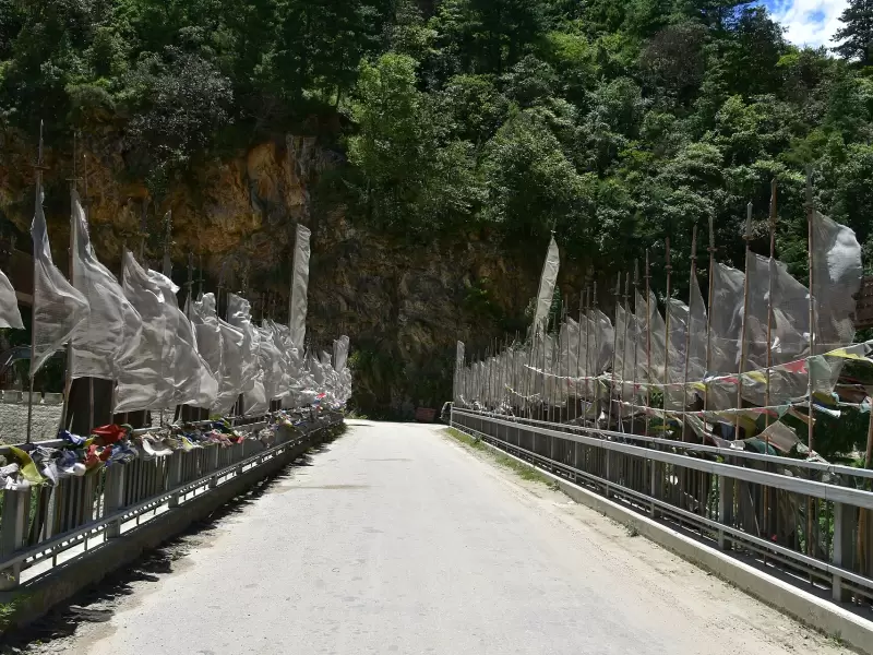 A road lined with white prayer flags on the way from Pele La to Trongsa